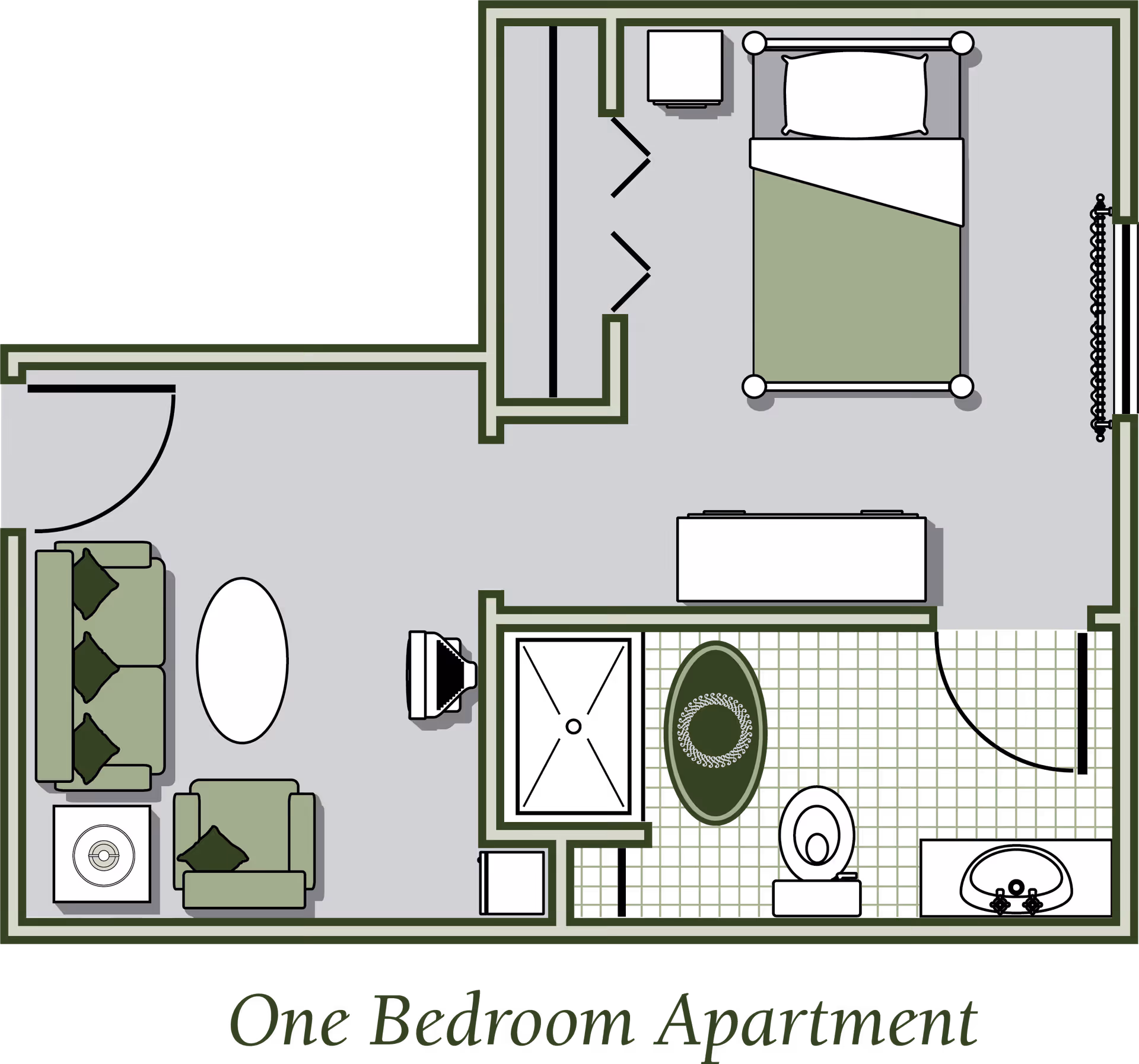 Floor plan of a one-bedroom apartment showing a bedroom with a bed, nightstand, and dresser; a living room with a sofa, armchair, coffee table, and side table; and a bathroom with a toilet, sink, and shower area.