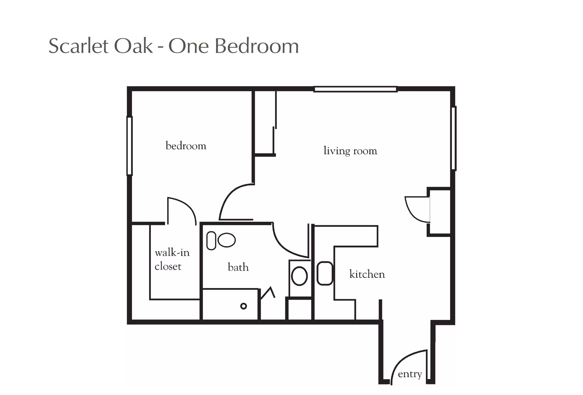 Floor plan of Scarlet Oak one-bedroom apartment showing a bedroom with a walk-in closet, a bathroom, a living room, a kitchen, and an entry area.