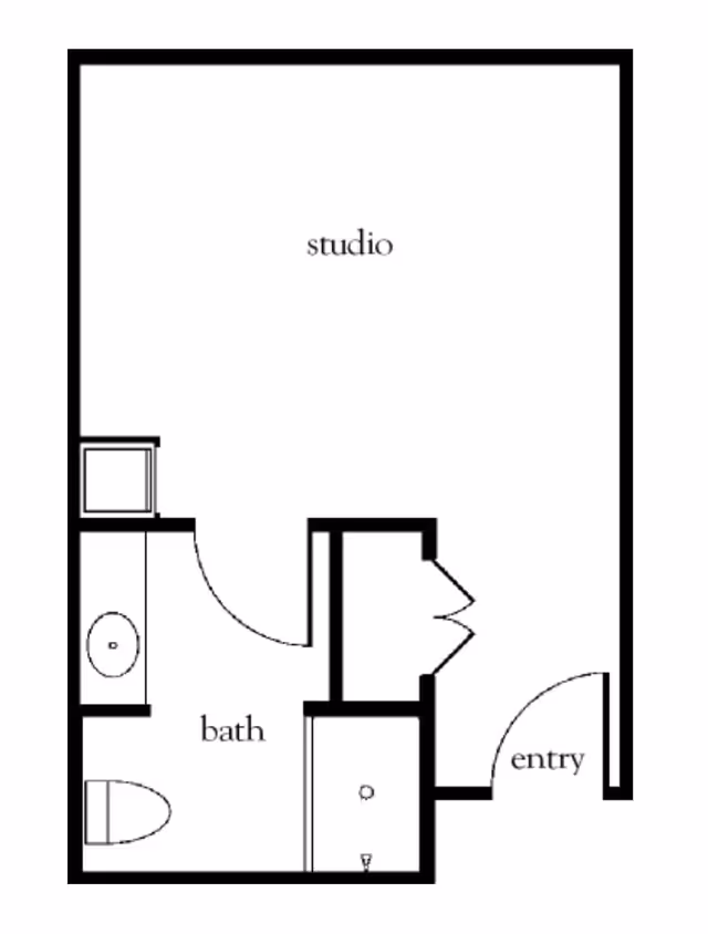 Floor plan layout of a studio apartment featuring an entry area, a combined living and sleeping space labeled 'studio', and a separate bathroom with a toilet, sink, and shower.