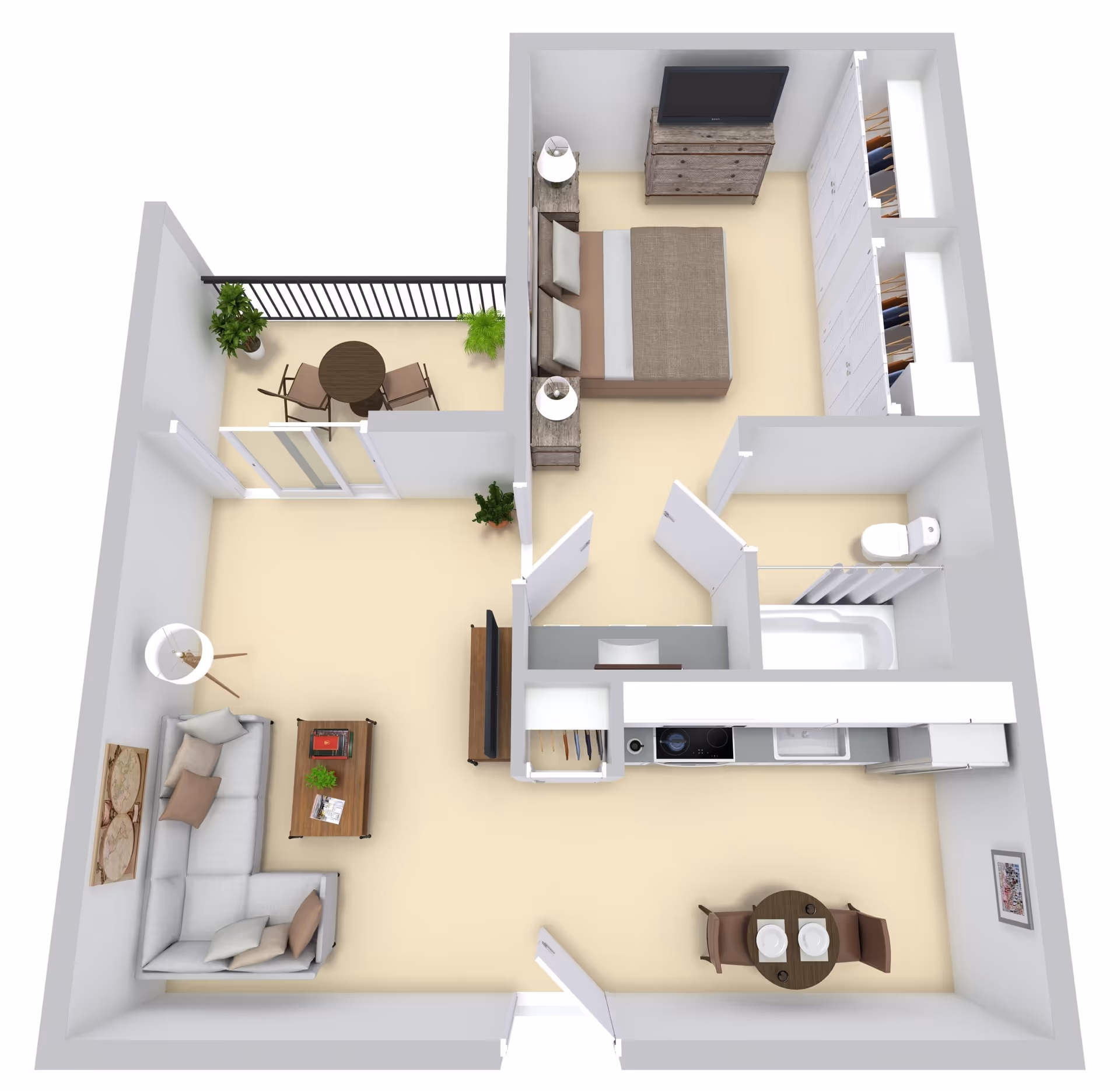 3D floor plan of a one-bedroom apartment at River's Edge featuring a bedroom with a bed, two nightstands, a dresser with a TV, and a walk-in closet. The living room has an L-shaped sofa, coffee table, floor lamp, and TV. The kitchen includes a stove, sink, refrigerator, and a small dining table with two chairs. There is a bathroom with a bathtub, toilet, and sink. A balcony with a round table and two chairs is accessible from the living room. Several plants are placed around the apartment.