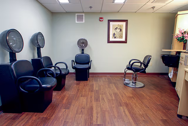 Interior view of a hair salon area with three black hair drying chairs on the left, one black salon chair on the right, a framed artwork on the wall, and a cabinet with a sink and flowers on the far right.