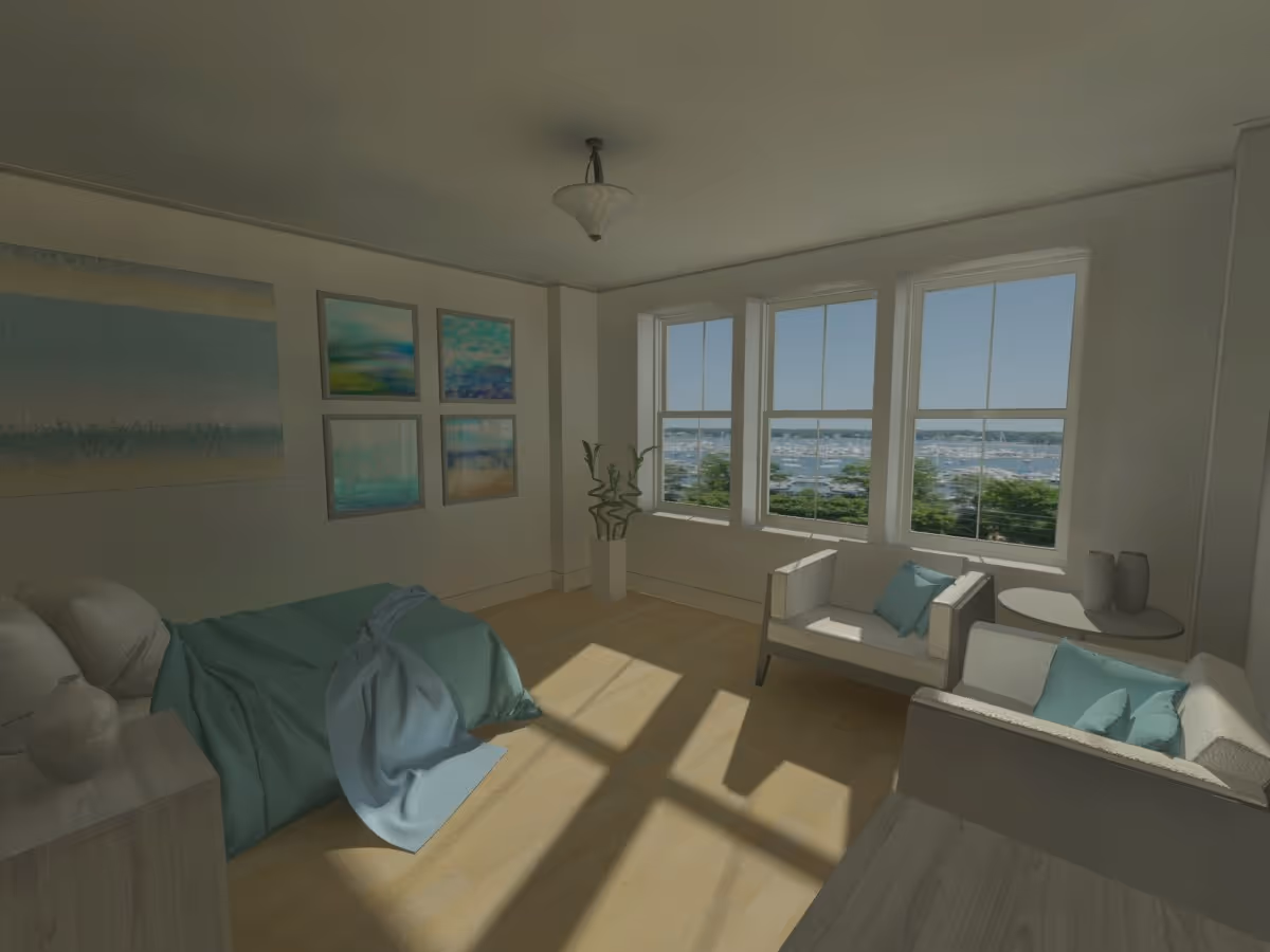 A bright bedroom with a bed covered in teal and light blue bedding, two armchairs with teal pillows, a small round table with decorative vases, and large windows showing a view of a marina with boats and greenery outside. The walls have several abstract paintings and there is a ceiling light fixture.