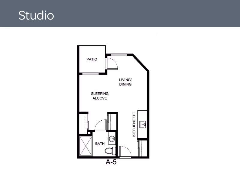 Floor plan of a studio apartment at Holiday Lone Oak showing a patio, living/dining area, sleeping alcove, kitchenette, and bathroom.