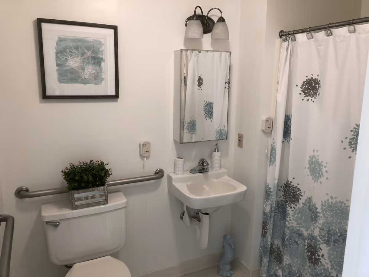 A bathroom with a white toilet, a small white sink with a mirror above it, and a shower with a white curtain featuring blue and gray patterns. There is a metal grab bar next to the toilet with a small green plant on top of the toilet tank. A framed picture of seashells hangs on the wall above the grab bar. The walls and floor are light-colored.