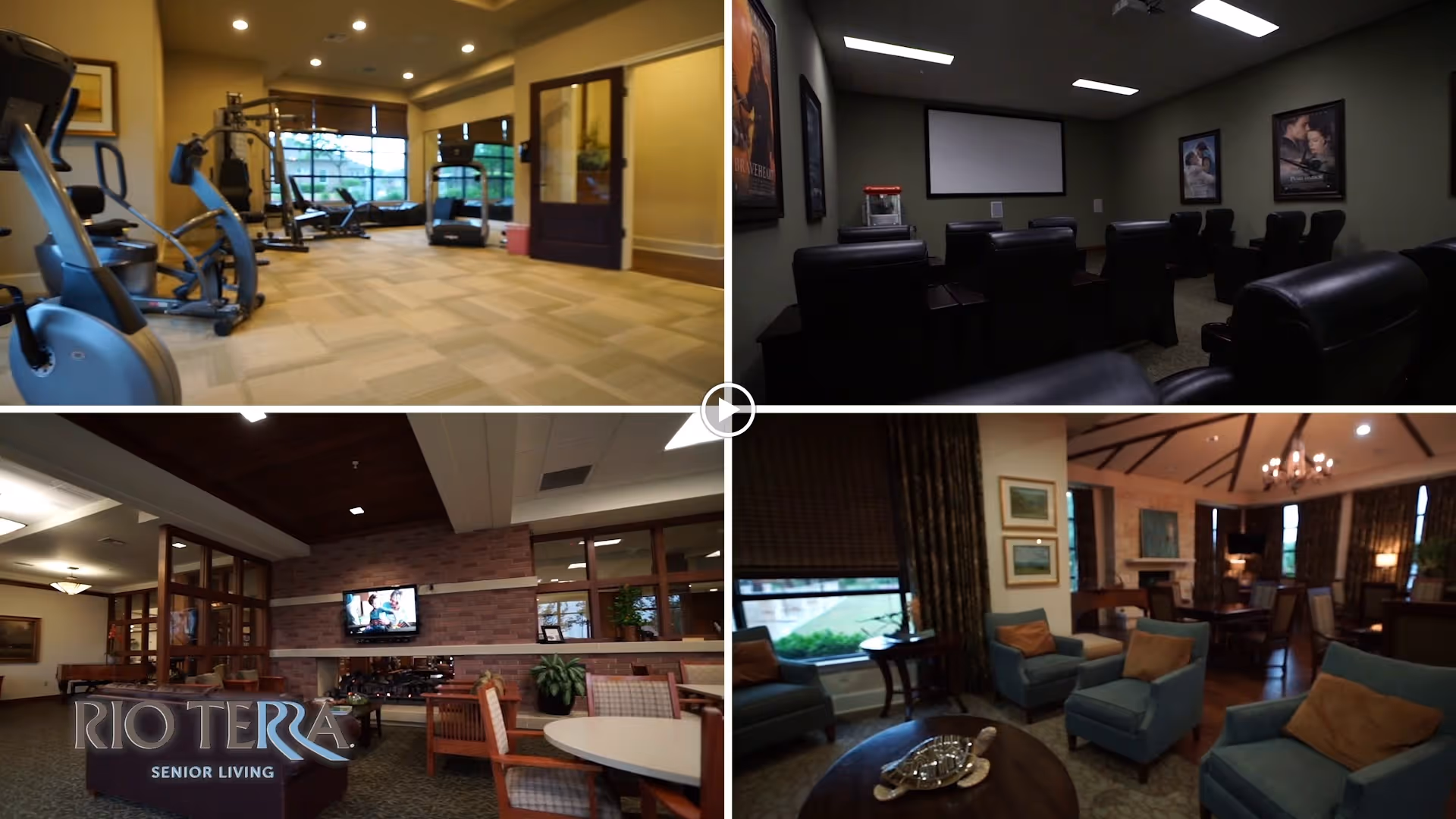 Four-panel collage showing interior spaces at Rio Terra Senior Living: a fitness room, a screening room, a dining/lounge area, and a lobby with the facility name.