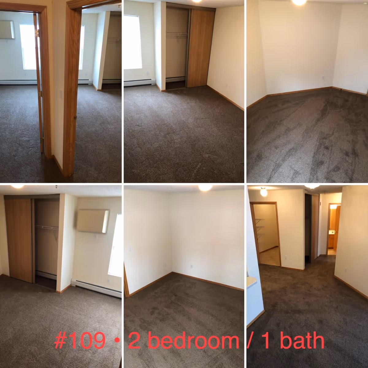 Collage of six images showing different views of an empty apartment unit with beige walls and brown carpet. The images include views of two bedrooms with closets, a hallway, and a small section of a kitchen area. The apartment features wooden door frames and baseboards, and windows letting in natural light. Text at the bottom reads '#109 • 2 bedroom / 1 bath' in red.
