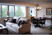 A bright living and dining area with a beige sofa adorned with dark and light cushions, a wooden coffee table, a lamp on a side table, and a dining table with chairs. Large windows allow natural light to fill the room, and a chandelier hangs above the dining table. There is a framed picture on the wall and a small plant in the corner.