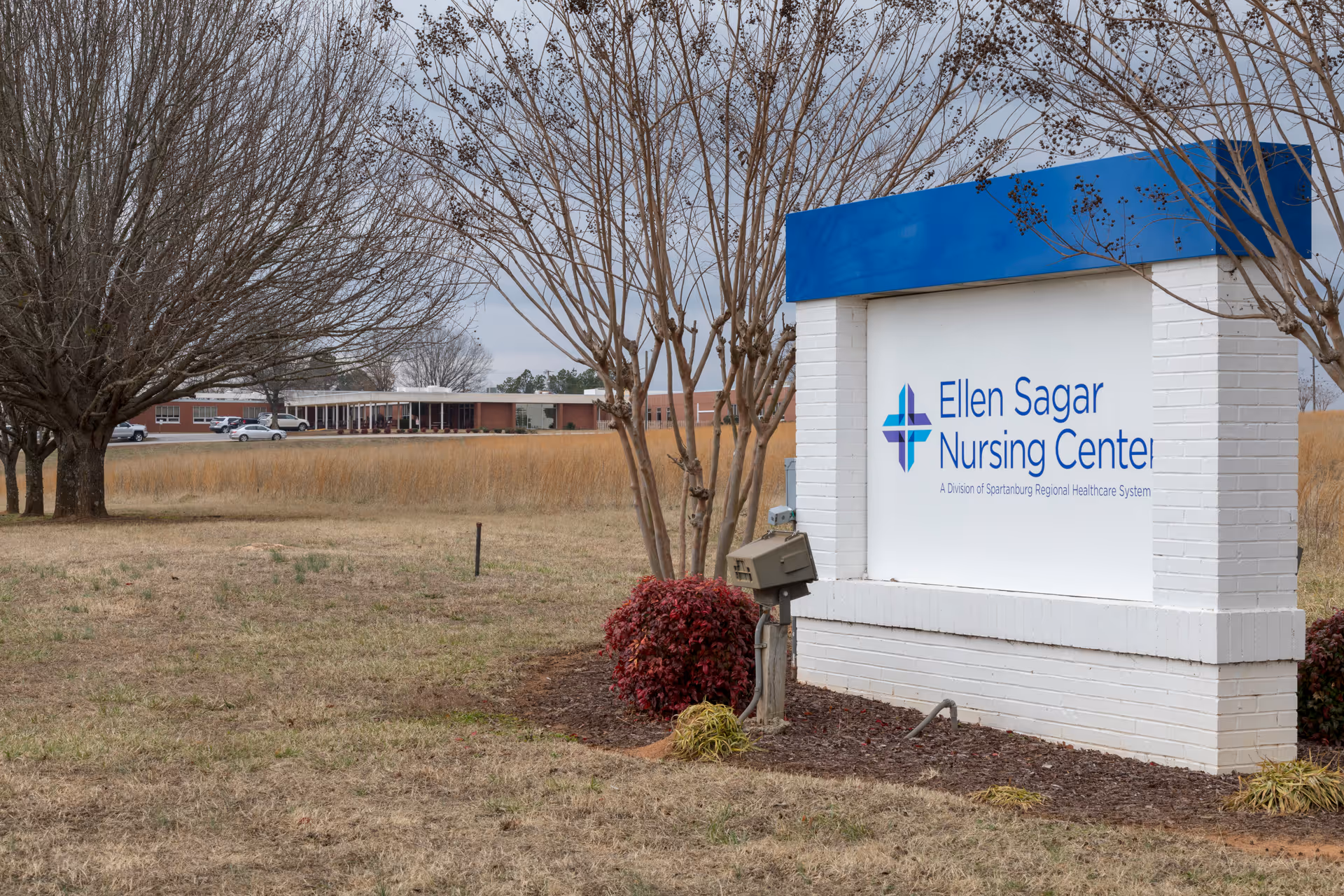 White brick sign reading "Ellen Sagar Nursing Center" on a grassy lawn with the facility building and trees visible in the background.