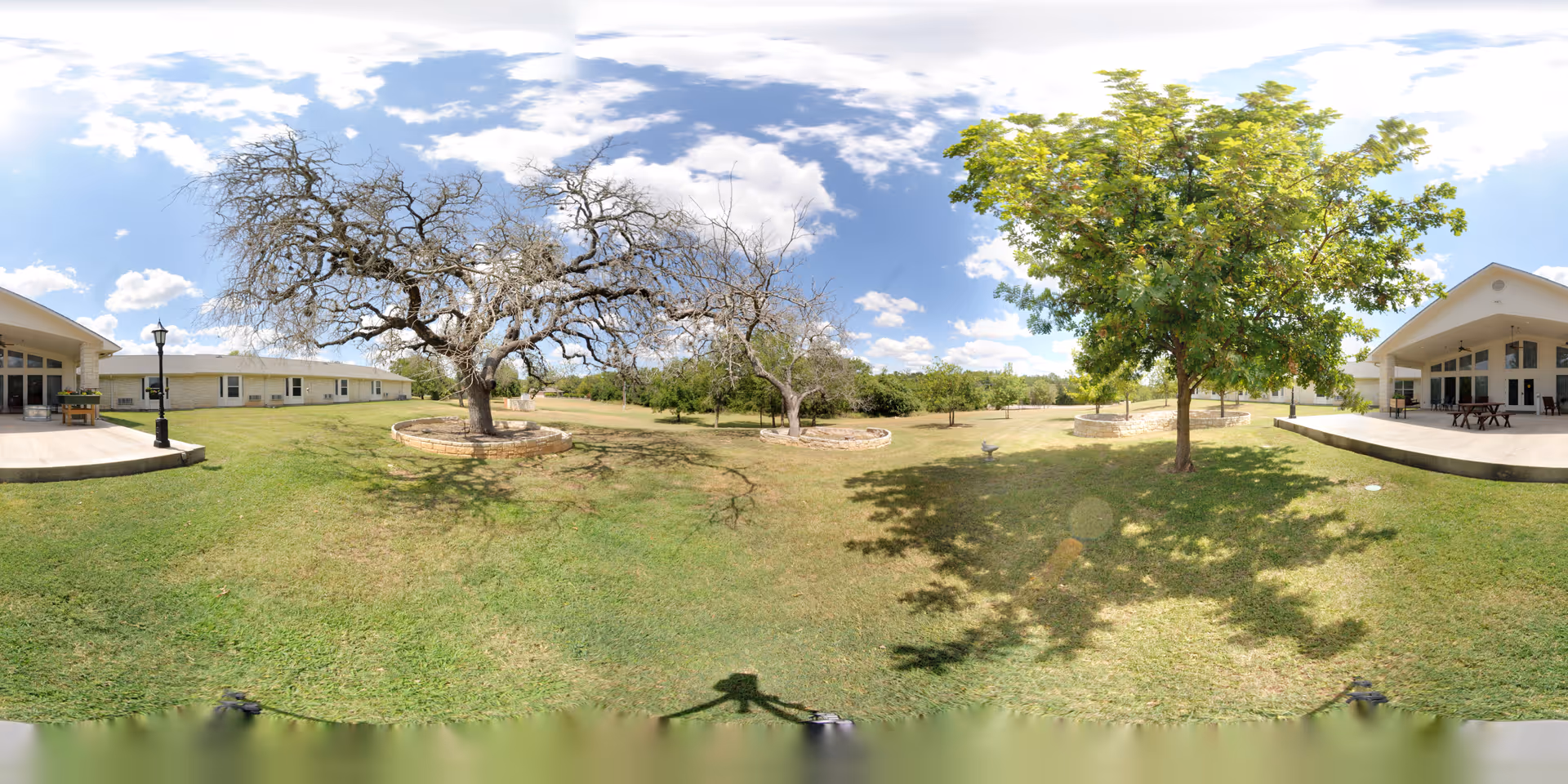 A panoramic outdoor view of a senior living facility's garden area at Heritage Place at Fredericksburg, featuring green grass, several trees including one with no leaves and another with green foliage, and two buildings with covered patios on either side under a partly cloudy blue sky.