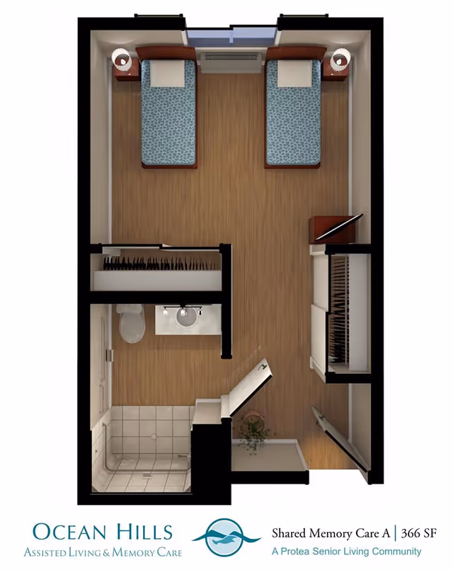 Floor plan of a shared memory care unit at Ocean Hills Senior Living showing two single beds with nightstands, a closet, a bathroom with a toilet, sink, and shower, and an entry area with a small plant.