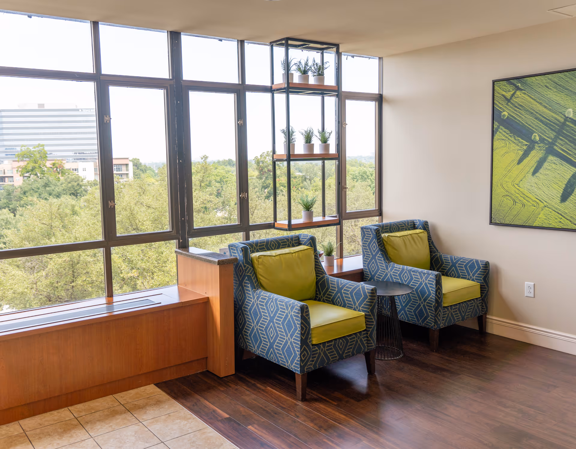A bright sitting area with two patterned armchairs featuring green cushions, a small round black side table between them, and a tall shelving unit with small potted plants. Large windows behind the chairs offer a view of trees and buildings outside. A green and black abstract artwork hangs on the wall to the right.