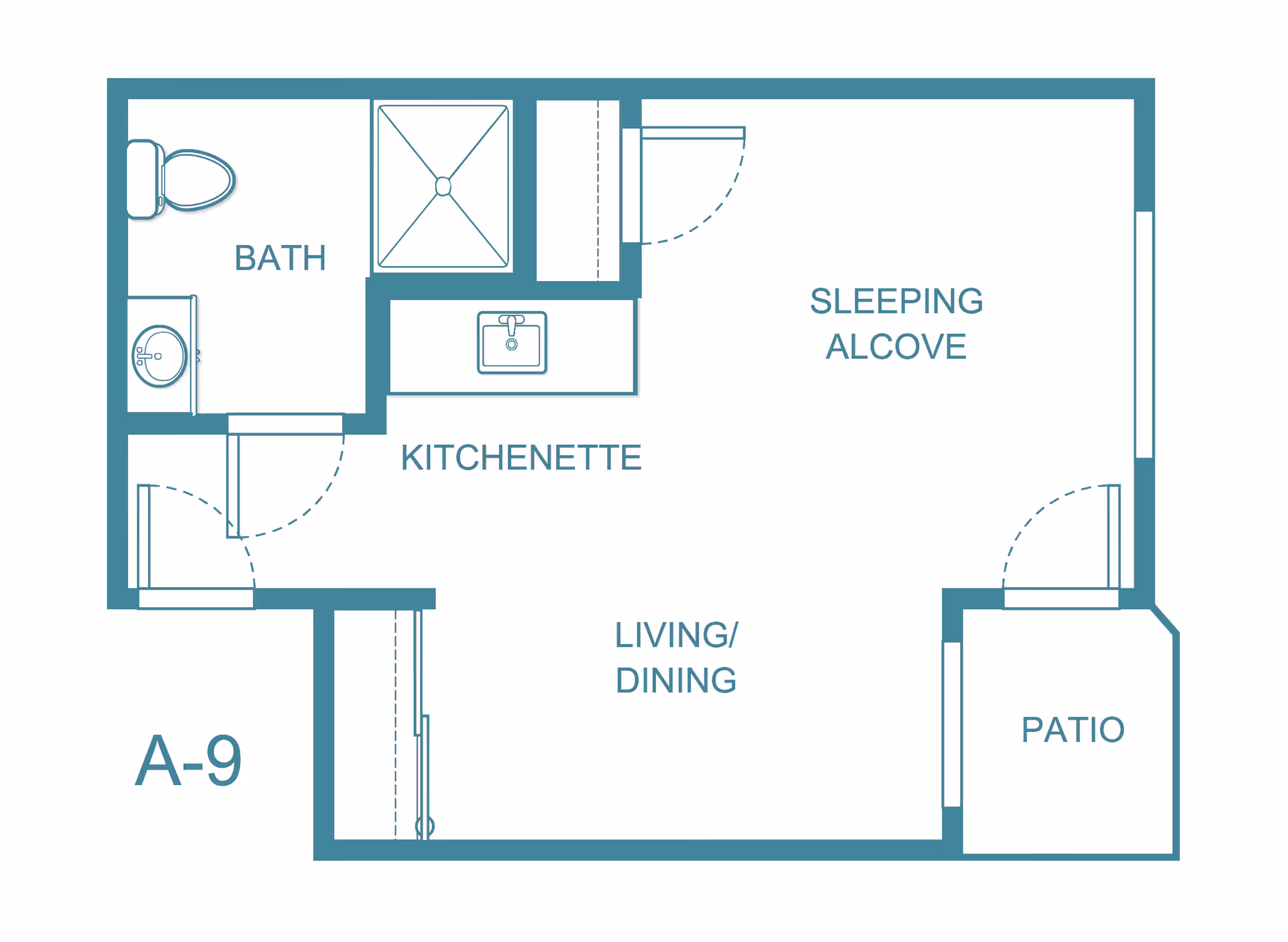 Floor plan of a living space labeled A-9 featuring a bath with toilet and sink, a kitchenette with a sink, a sleeping alcove, a combined living and dining area, and a patio.