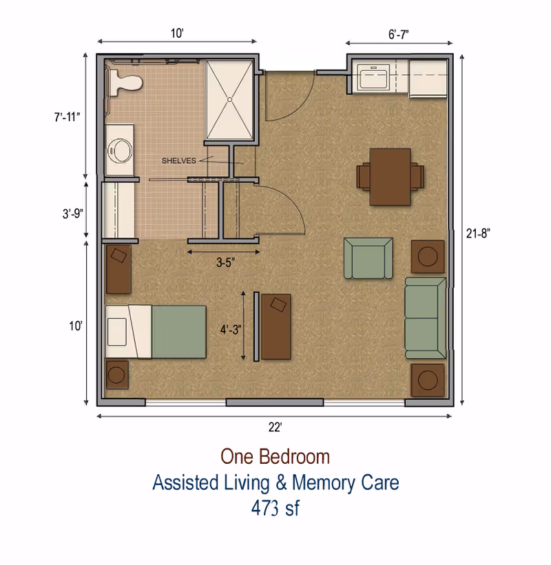 Floor plan of a one-bedroom assisted living and memory care apartment showing a bedroom, bathroom, kitchenette, living/dining area and dimensions.