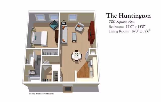 3D floor plan of a one-bedroom apartment named The Huntington with 700 square feet. The layout includes a bedroom with a bed and chair, a living room with sofa, armchair, coffee table, and TV, a dining area with a table and four chairs, a kitchen with appliances, and a bathroom with a toilet and shower.