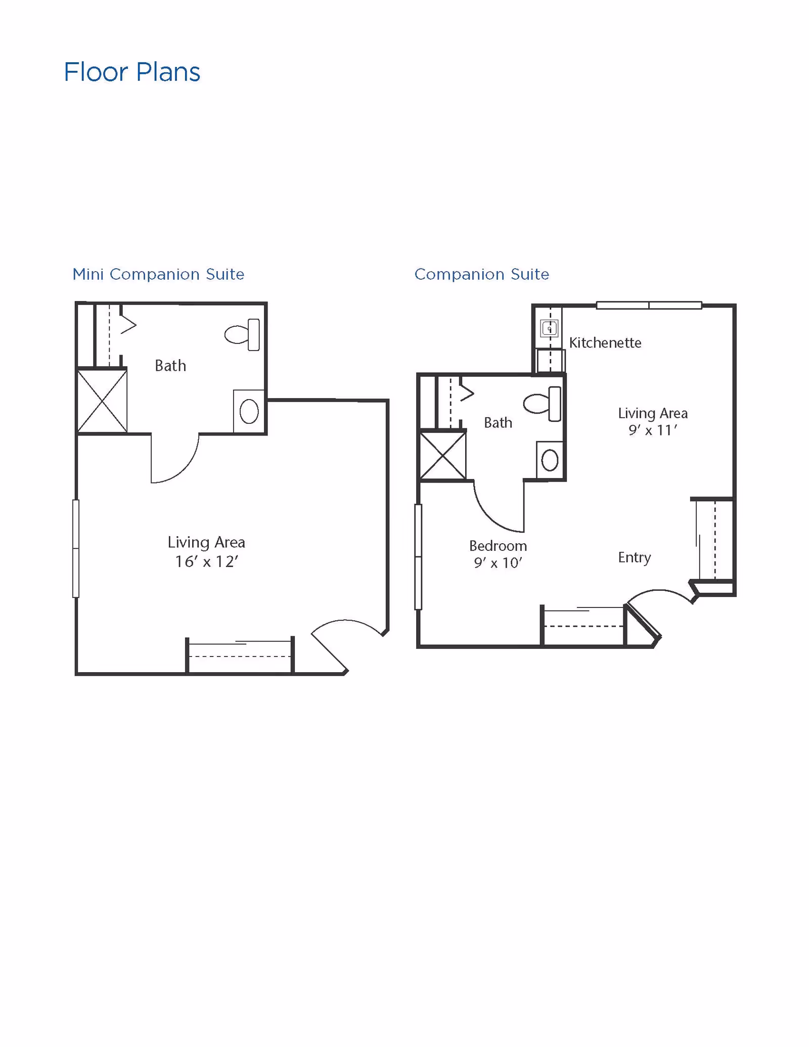 Floor plans for two types of suites at Brookdale Portage Memory Care: Mini Companion Suite with a living area and bath, and Companion Suite with a bedroom, bath, kitchenette, living area, and entry.