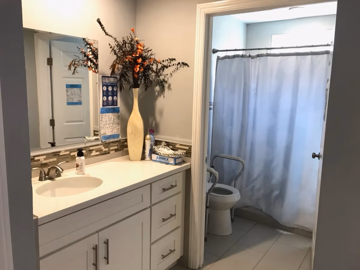 Bathroom with a white vanity and sink on the left side, a large mirror above it, and a tall vase with orange flowers on the countertop. To the right, there is a toilet with safety rails and a shower area with a white shower curtain.