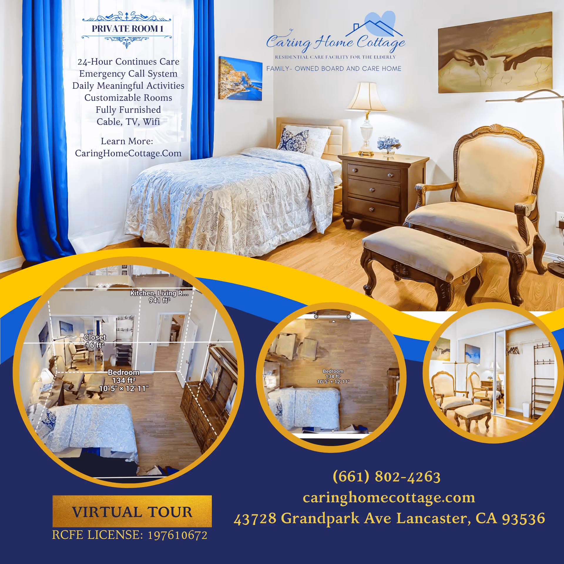 A cozy, fully furnished bedroom with a single bed covered in a patterned bedspread, a wooden nightstand with a lamp and flowers, an upholstered armchair with matching ottoman, and framed artwork on the walls. The room has wooden flooring and blue curtains. The image also includes circular insets showing a floor plan and different angles of the bedroom and closet area.