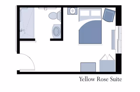 Floor plan layout of the Yellow Rose Suite at Oxford Glen Memory Care at Sachse, showing a bedroom area with a bed, chair, dresser, and a bathroom with a shower, toilet, and sink.