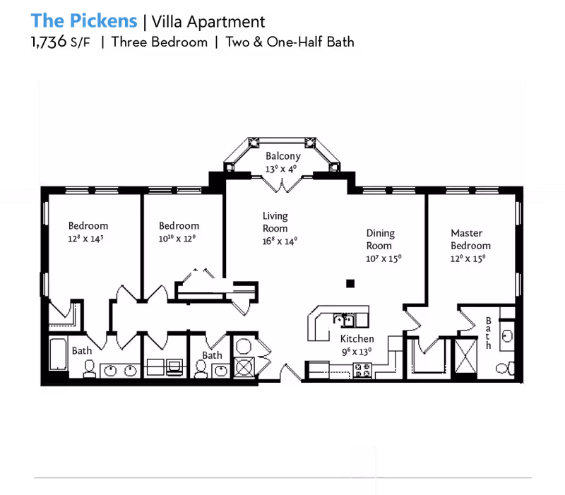 Architectural floor plan of The Pickens unit at Cascades Verdae, showing three bedrooms, three bathrooms, a living room with balcony, dining room, and kitchen with dimensions.