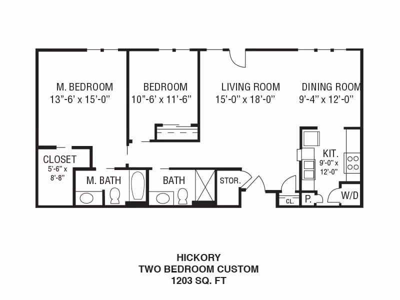Floor plan of a two-bedroom custom apartment named Hickory with a total area of 1203 square feet. The layout includes a master bedroom with closet and master bath, a second bedroom, a living room, dining room, kitchen with washer/dryer area, a second bathroom, and a storage closet.
