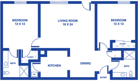 Floor plan of a two-bedroom apartment at Fort Scott Presbyterian Village, showing two bedrooms each measuring 12x13, a living room measuring 10x24, a kitchen, dining area, two bathrooms, closets, and entry points.