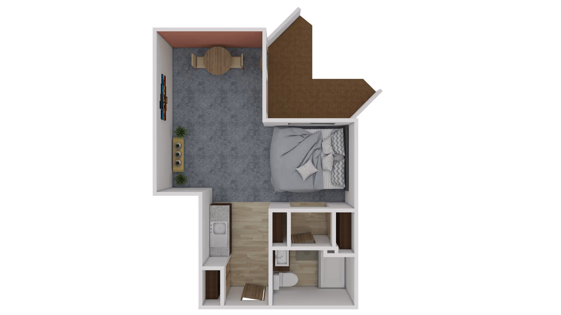 Top-down floor plan of a small studio apartment showing a bed, kitchenette, bathroom, dining nook and a small balcony.