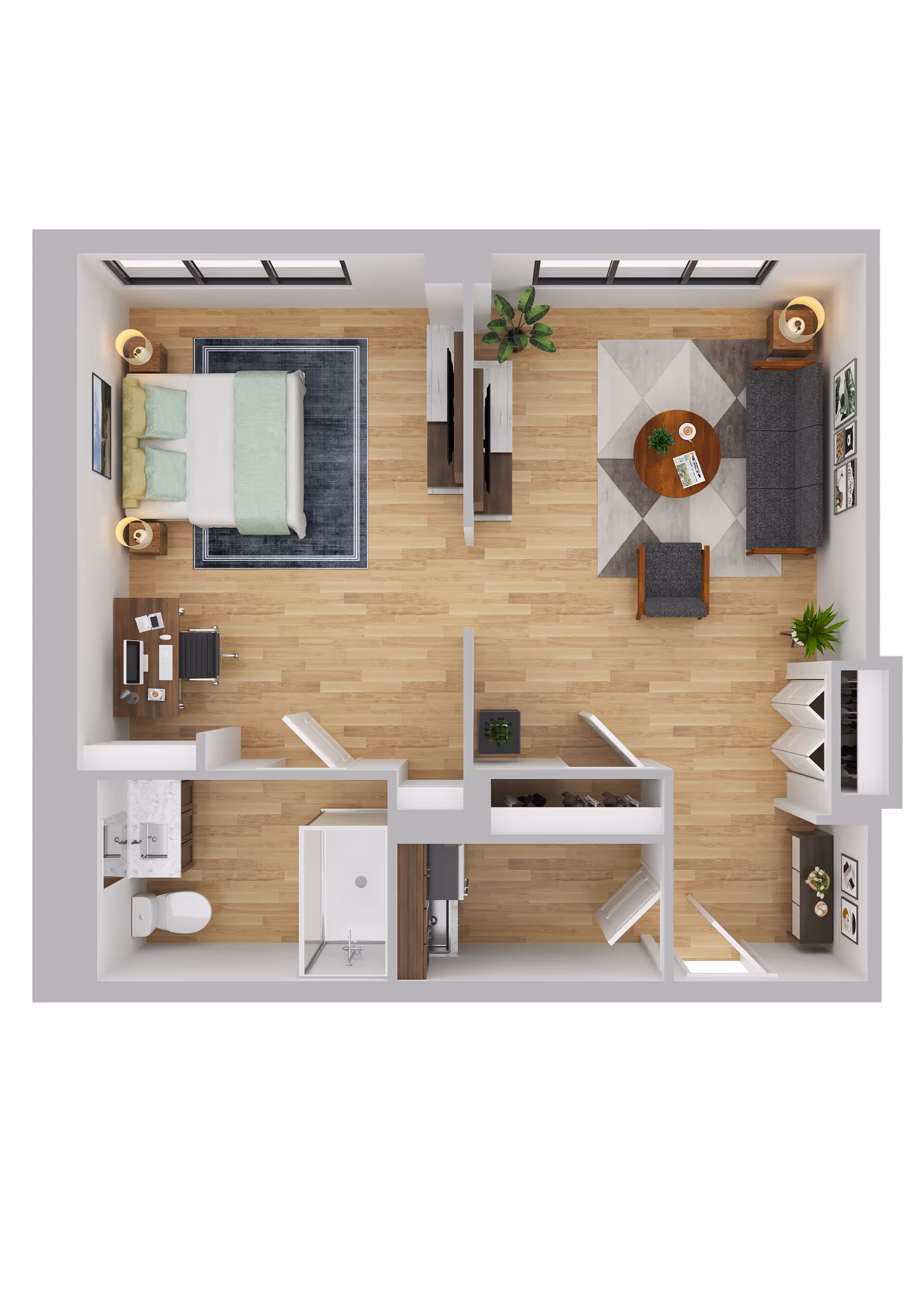 Top-down view of a one-bedroom apartment floor plan featuring a bedroom with a bed, nightstands, and a desk; a living room with a sofa, armchair, coffee table, and plants; a bathroom with a toilet, sink, and shower; and a kitchen area with appliances and cabinetry.