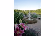 A peaceful outdoor garden area with a stone fountain in the center, surrounded by greenery and blooming flowers including pink lilies, with a clear blue sky in the background.