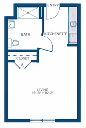 Floor plan of a living space at Somerby St. Vincent’s One Nineteen showing an entry leading to a kitchenette, a bathroom with a bathtub, toilet, and sink, a closet, and a living area measuring 15 feet 8 inches by 16 feet 7 inches.