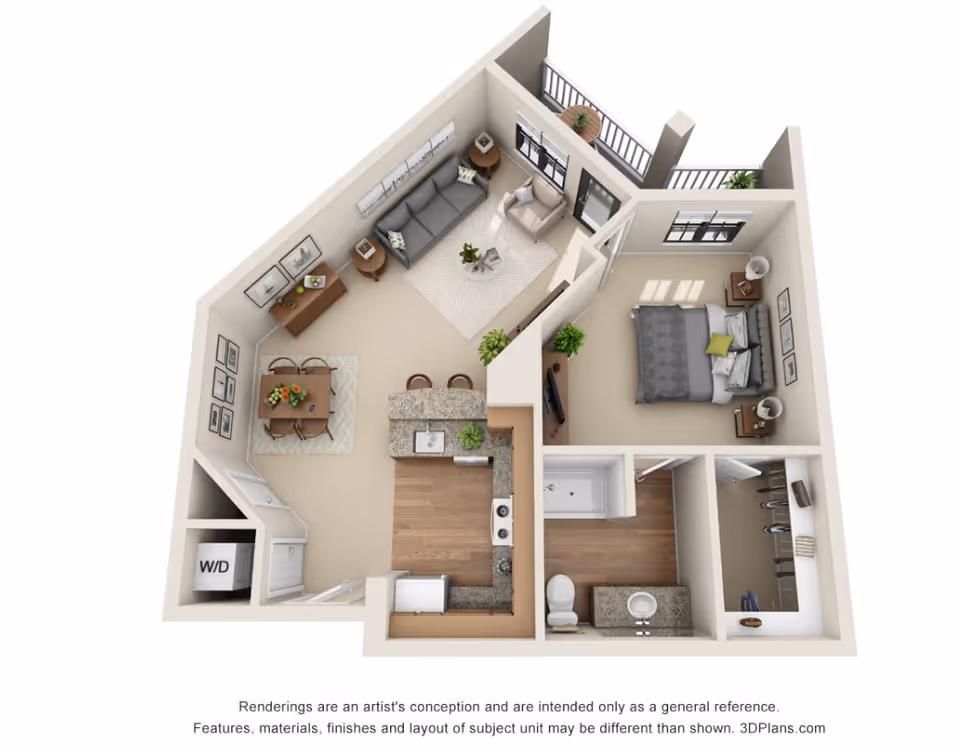 3D floor plan rendering of a one-bedroom apartment featuring a living room with sofa and armchair, a dining area with table and chairs, a kitchen with appliances and a breakfast bar, a bedroom with a bed and nightstands, a bathroom with a shower and toilet, a walk-in closet, and a small balcony.