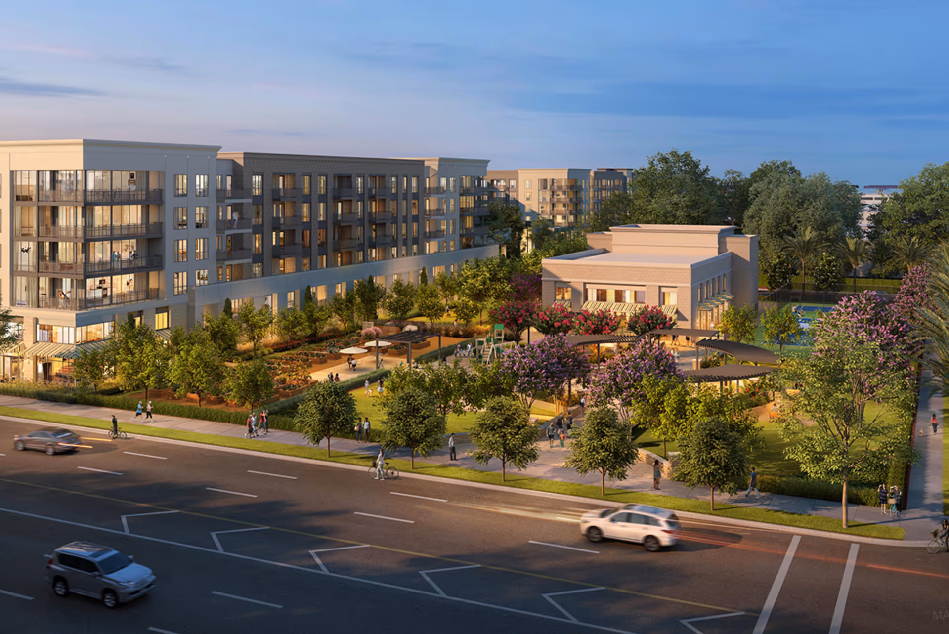 Exterior view of a multi-story senior living complex with landscaped gardens, walkways, and an adjacent street.