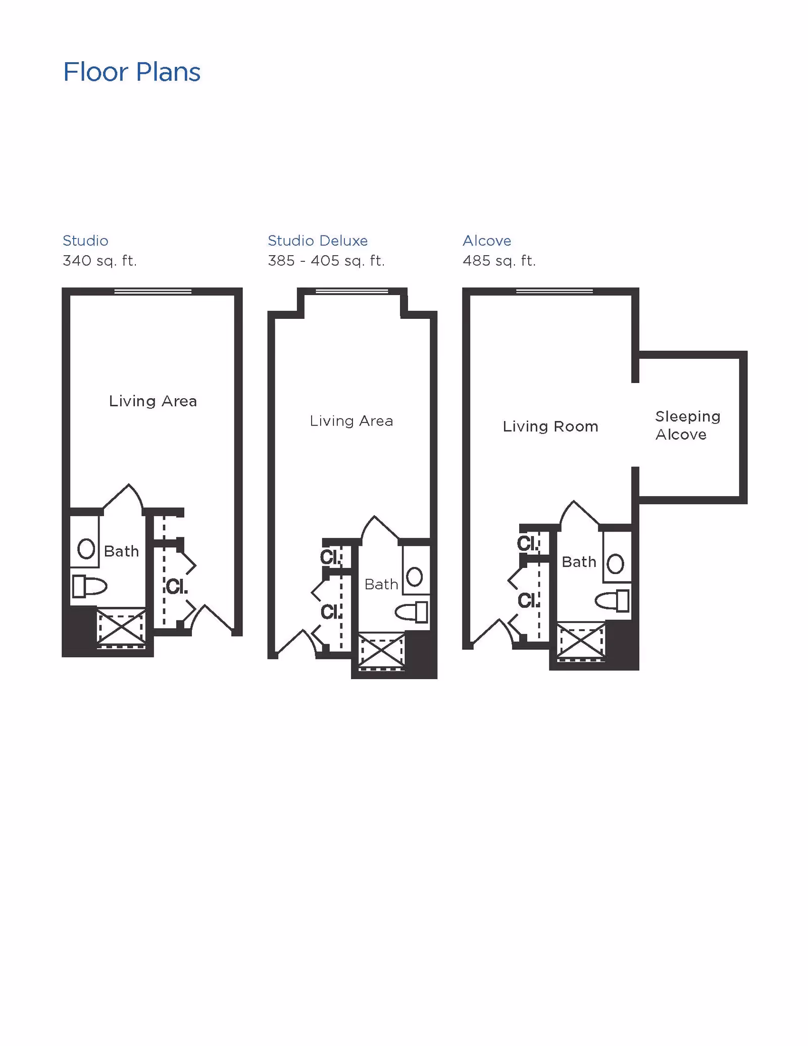 Floor plans for three types of living spaces at Brookdale Pecan Park: Studio (340 sq. ft.) with a living area, bath, and closet; Studio Deluxe (385-405 sq. ft.) with a living area, bath, and two closets; and Alcove (485 sq. ft.) with a living room, sleeping alcove, bath, and two closets.