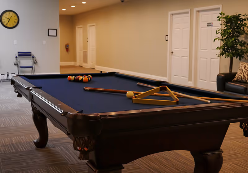 A pool table with a blue felt surface in a well-lit room. The table has pool balls arranged in a triangle rack, two pool cues, and a white cue ball on it. In the background, there is a black leather couch with patterned pillows, a potted plant, a clock on the wall, and several closed white doors along a beige wall.