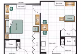 Architectural floor plan of a senior living unit at Belmont Village Senior Living Memphis, showing a bedroom with a queen bed, bathroom with shower, kitchenette, dining area with table and chairs, living area with loveseat and entertainment center, closets, and heating/AC units.