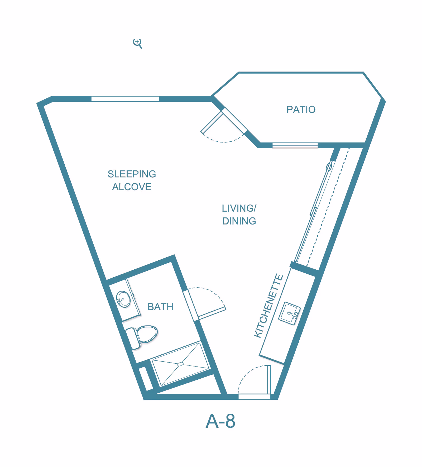 Floor plan labeled A-8 showing a layout with a sleeping alcove, bath, living/dining area, kitchenette, and a patio.