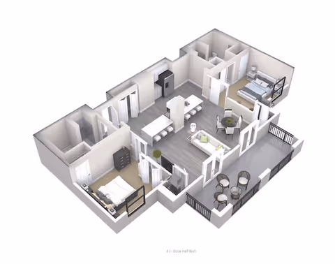3D floor plan of a residential unit showing two bedrooms, a kitchen with an island, a living area with seating, and a balcony with outdoor chairs and a table.