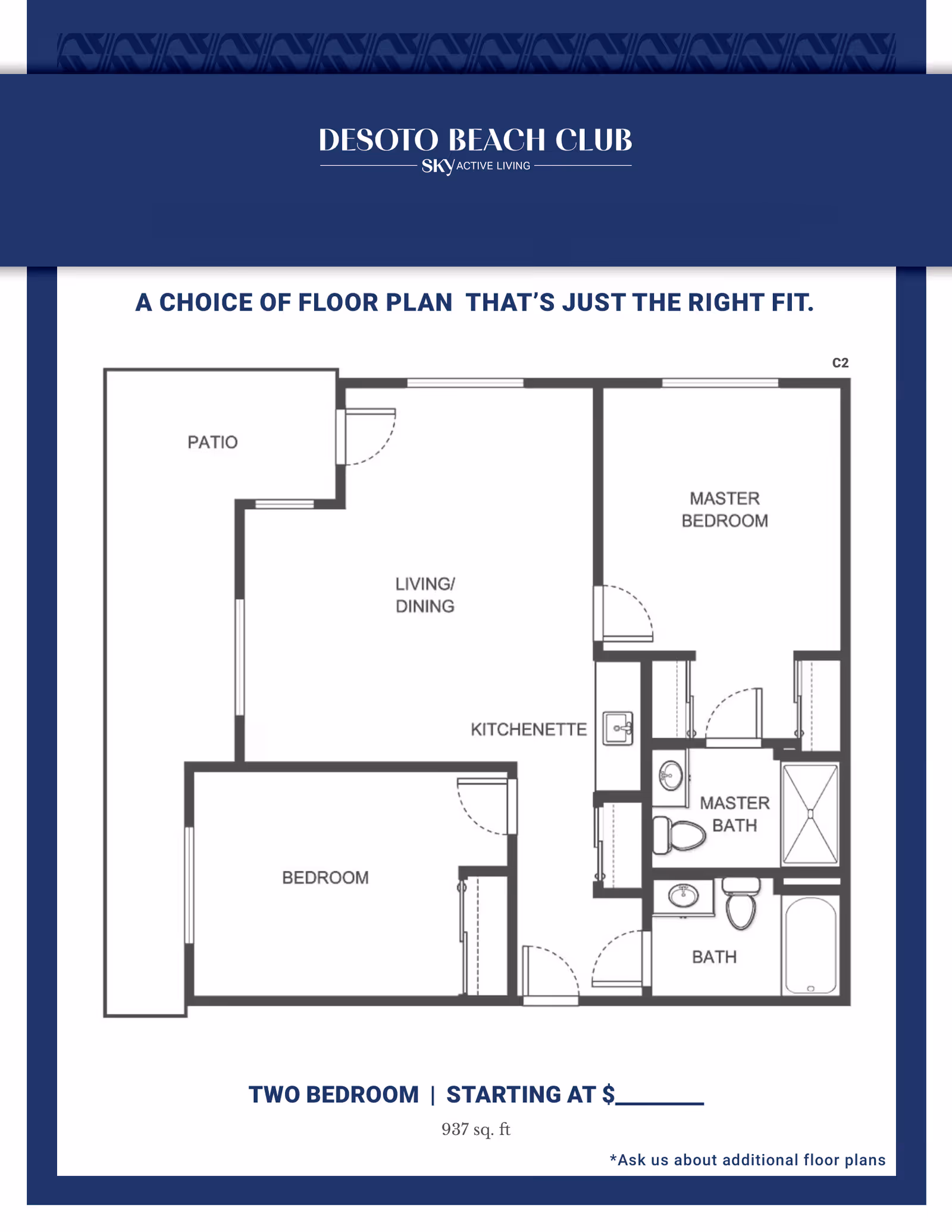 Floor plan layout of a two-bedroom apartment at Desoto Beach Club - Sky Active Living, showing a patio, living/dining area, kitchenette, master bedroom with master bath, second bedroom, and a second bathroom. The total area is 937 square feet.