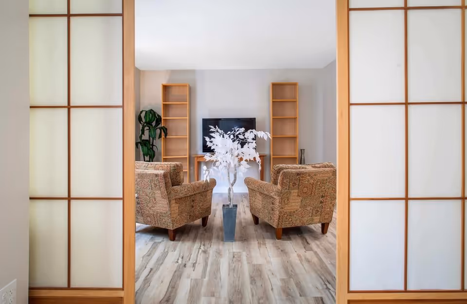 Through wooden-framed shoji panels, a living room with two patterned armchairs facing a TV, flanked by bookshelves and a tall plant with a floor vase of white branches.
