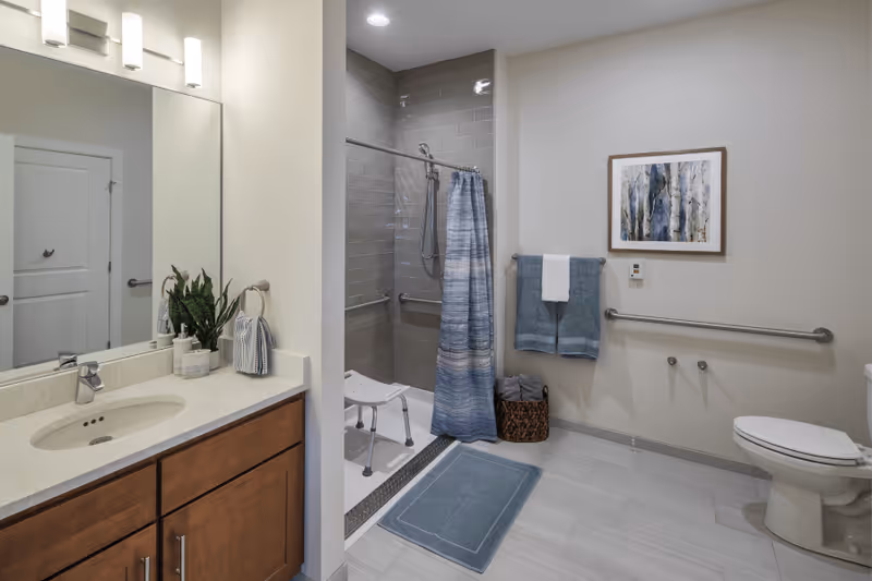 Accessible modern bathroom with a vanity and sink, walk-in shower with a shower chair and blue curtain, toilet, grab bars, and wall art.