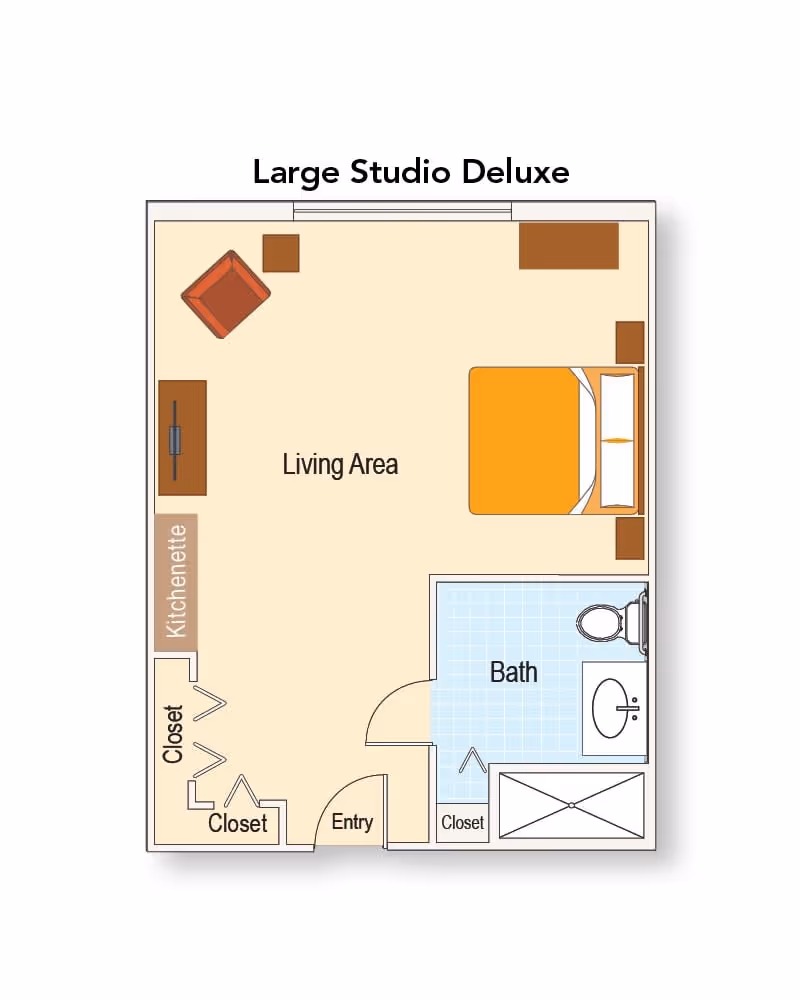 Floor plan of a Large Studio Deluxe apartment showing a living area with a bed, chair, and kitchenette. There is an entryway with two closets and a bathroom with a toilet, sink, and shower.