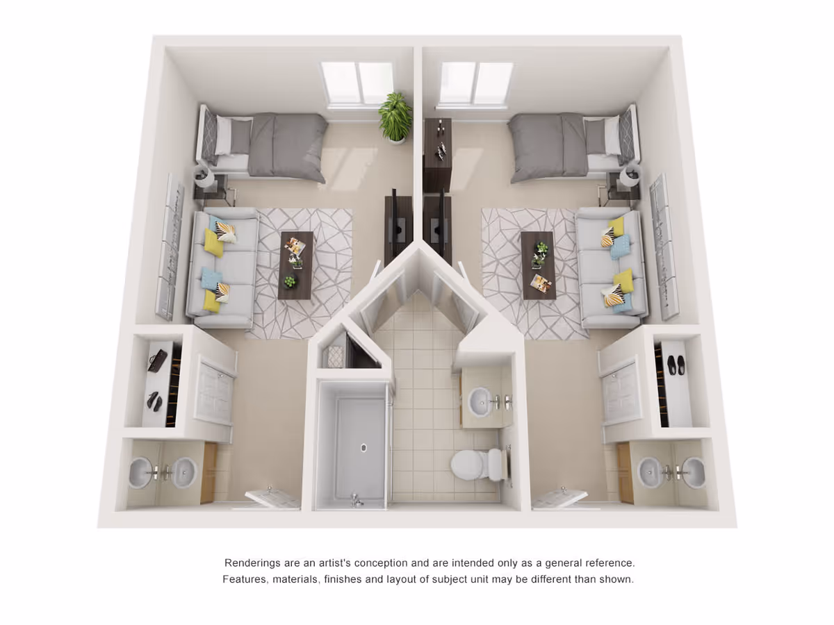 3D floor plan of a two-bedroom apartment with a shared central bathroom. Each bedroom has a bed, a sofa, a coffee table, a TV on a stand, a closet, and a window. The bathroom includes a bathtub, toilet, and sink. The layout is symmetrical with identical furnishings on both sides.