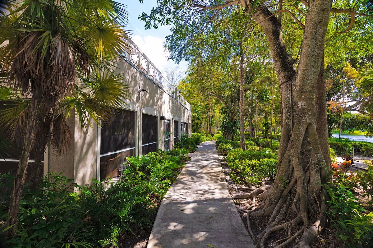 Tree-lined concrete pathway beside a low building with screened windows and lush landscaping.