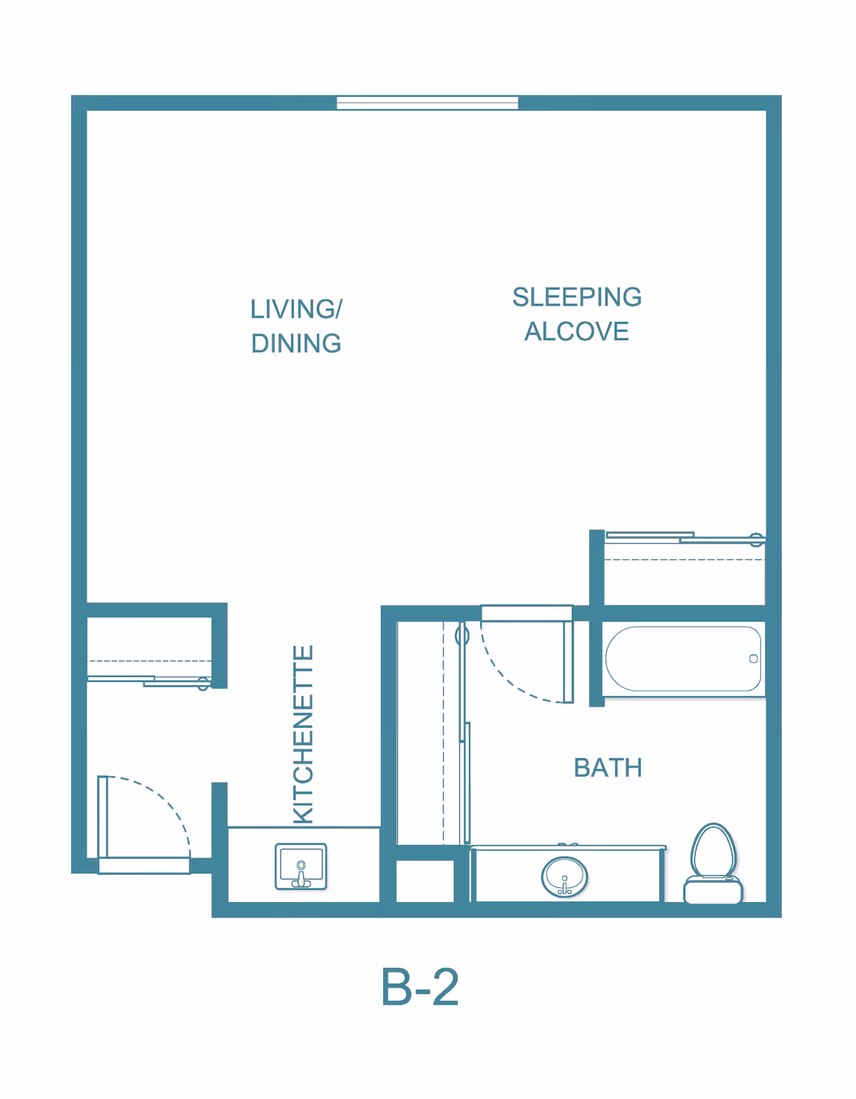 Floor plan labeled B-2 showing a layout with a living/dining area, sleeping alcove, kitchenette, and bath including a bathtub, sink, and toilet.