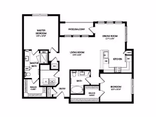 Black-and-white floor plan of a two-bedroom, two-bath apartment showing a living room, dining room, kitchen, master bedroom with en-suite, second bedroom, patio/balcony and entry.
