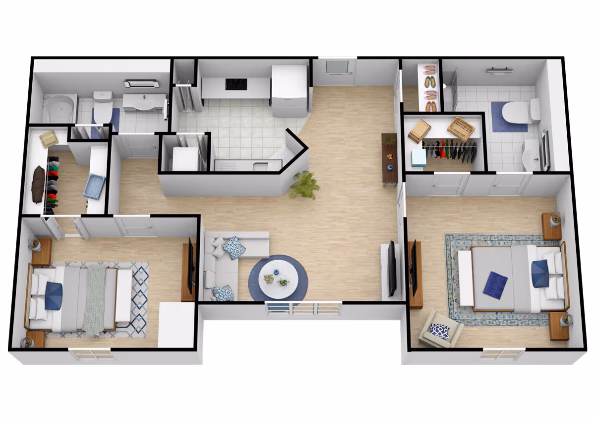 3D floor plan of a residential unit featuring two bedrooms, two bathrooms, a kitchen, a living room with a sofa and TV, and closets. The layout shows wooden flooring in the living areas and bedrooms, tiled floors in the kitchen and bathrooms, and furniture placement including beds, chairs, and storage units.