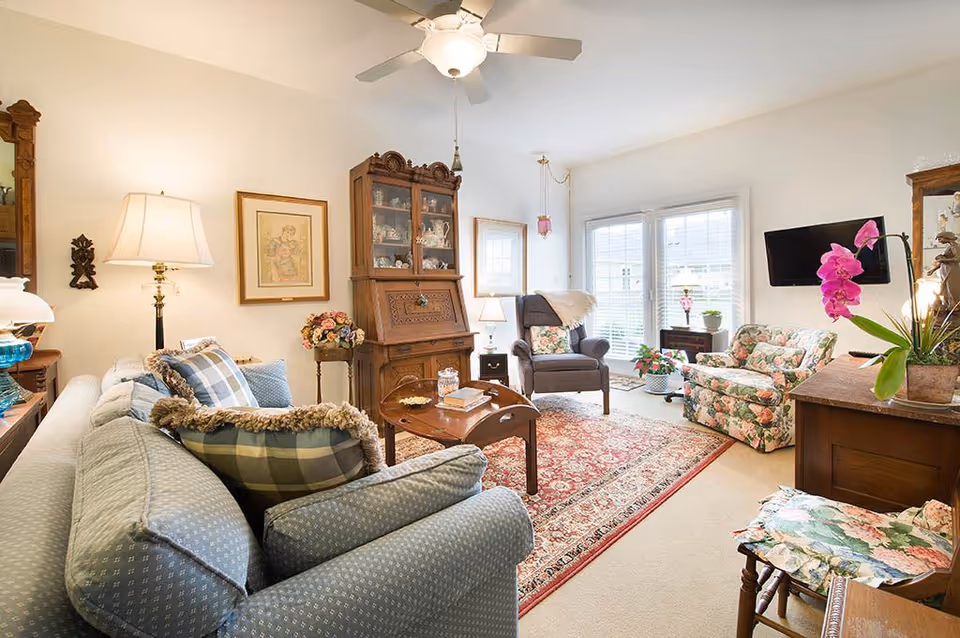 A cozy living room with a light blue patterned sofa adorned with multiple cushions, a wooden coffee table, a floral armchair, and a dark gray armchair. The room features a red patterned rug, a wooden cabinet with glass doors displaying decorative items, a ceiling fan with light, and large windows with white blinds letting in natural light. There are various lamps, framed artwork on the walls, and a pink orchid on a wooden side table.