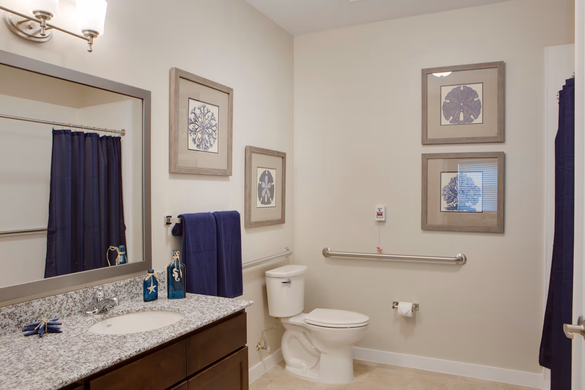 Well-lit accessible bathroom with a granite vanity and sink, large mirror, toilet with grab bar, navy shower curtain and framed coastal artwork on the walls.