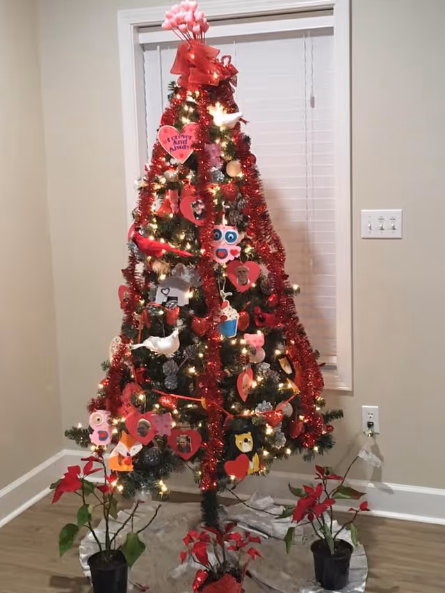 A decorated Christmas tree with red garlands, heart-shaped ornaments and lights standing in a corner with poinsettia plants in front.
