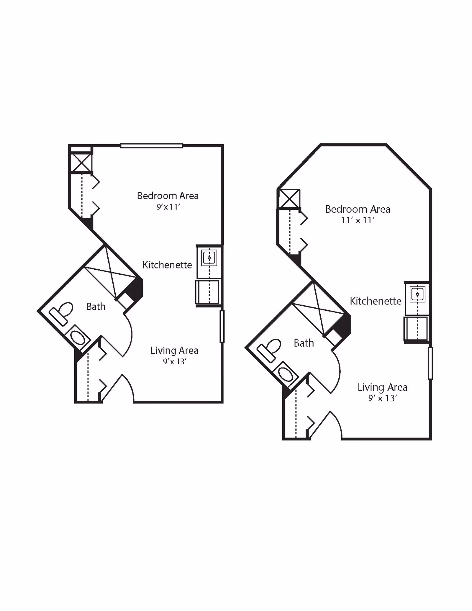 Architectural floor plans showing two different apartment layouts with labeled areas including bedroom area, kitchenette, bath, and living area with dimensions.