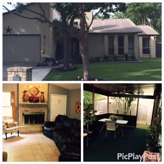 A collage of three images showing a single-story house exterior with a well-maintained lawn and a tree in front, a living room with a fireplace, black leather sectional sofa, and an armchair, and a covered outdoor patio area with a table and chairs surrounded by plants.